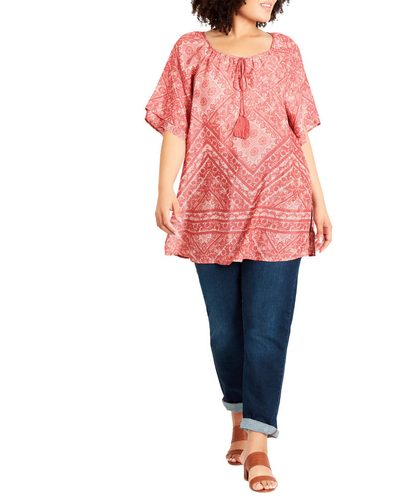 Front of a model wearing a size 16 Cheyenne Peasant Top in Sandlewood by Evans. | dia_product_style_image_id:288531